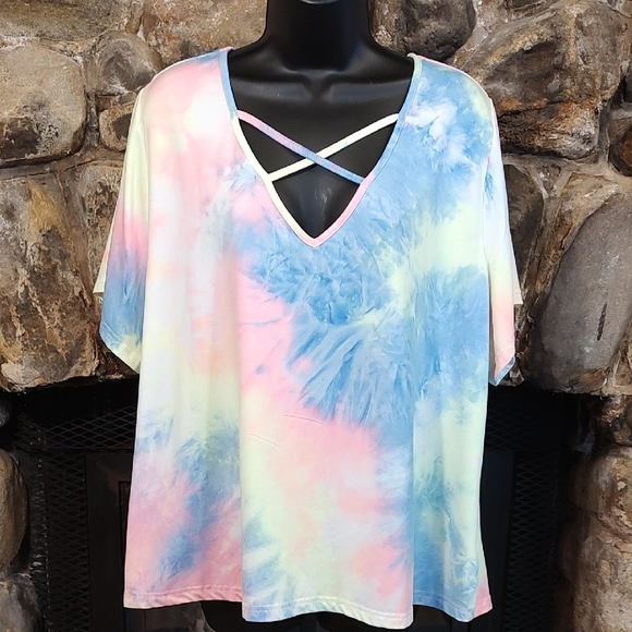 SHEIN Tops - SHEIN Pastel Pink Blue Tie-Dye V-Neck Short Sleeve Top with Crisscross Straps